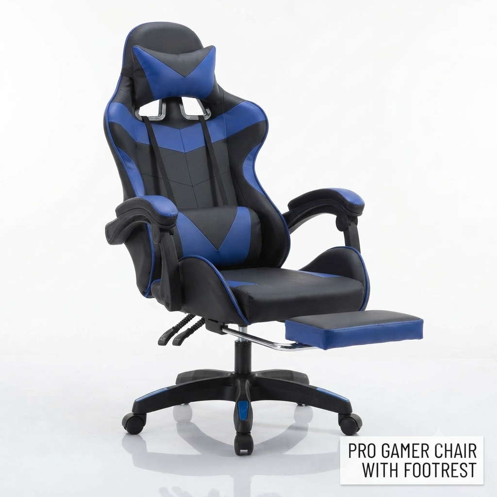 Ergonomic Gaming Chair Navy Blue and Black colour Adjustable pneumatic height with footrest