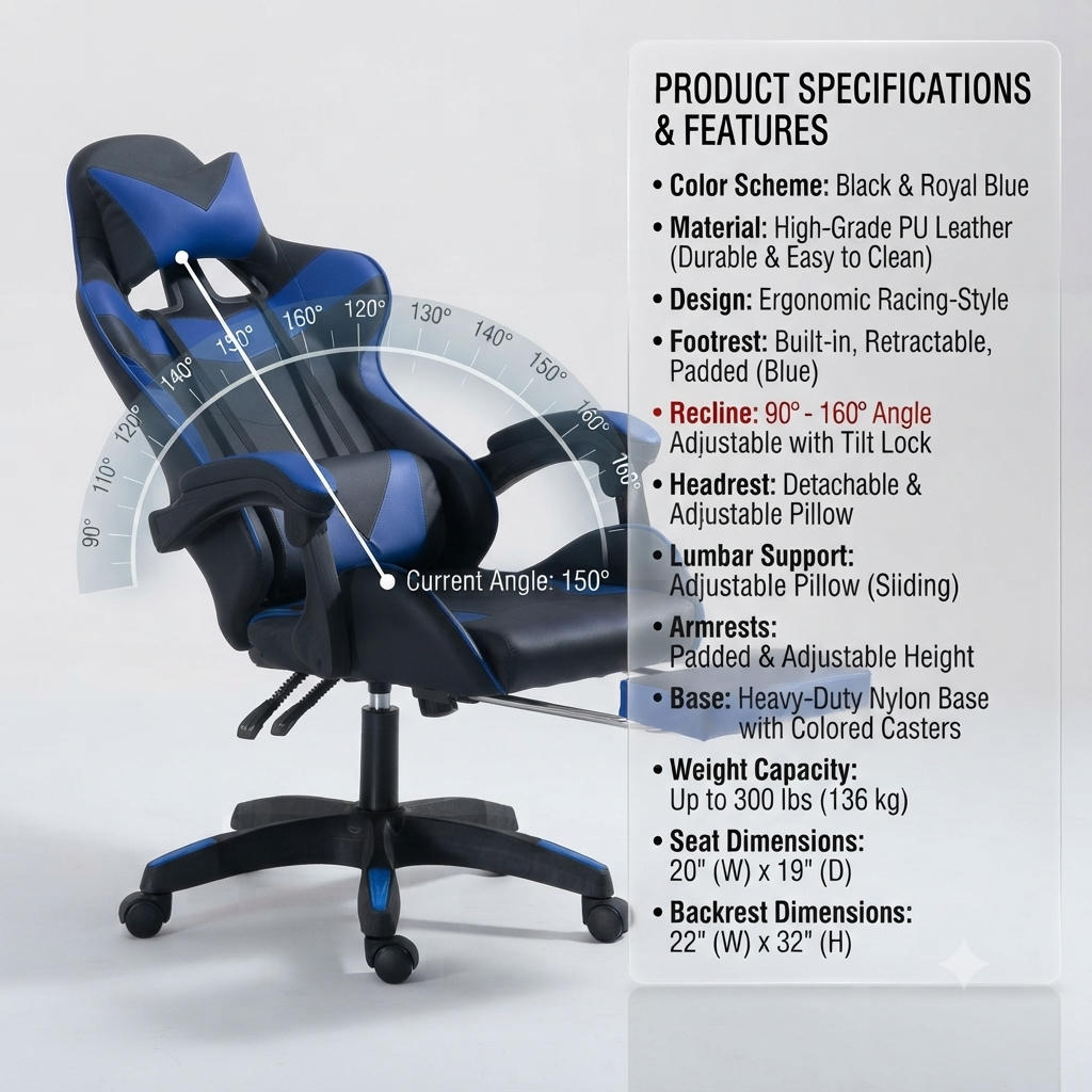 Ergonomic Gaming Chair Navy Blue and Black colour Adjustable pneumatic height with footrest