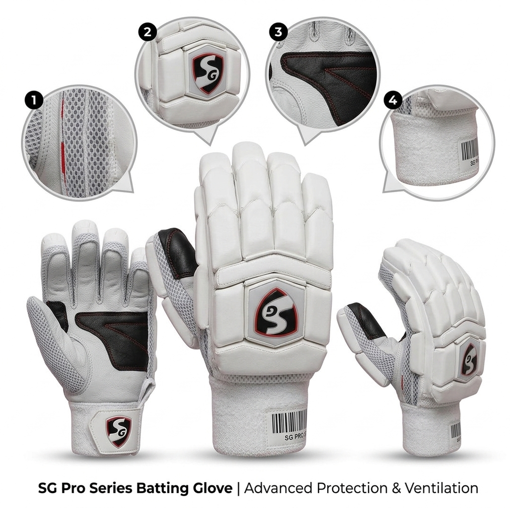 SG batting gloves with Black and white design and colour