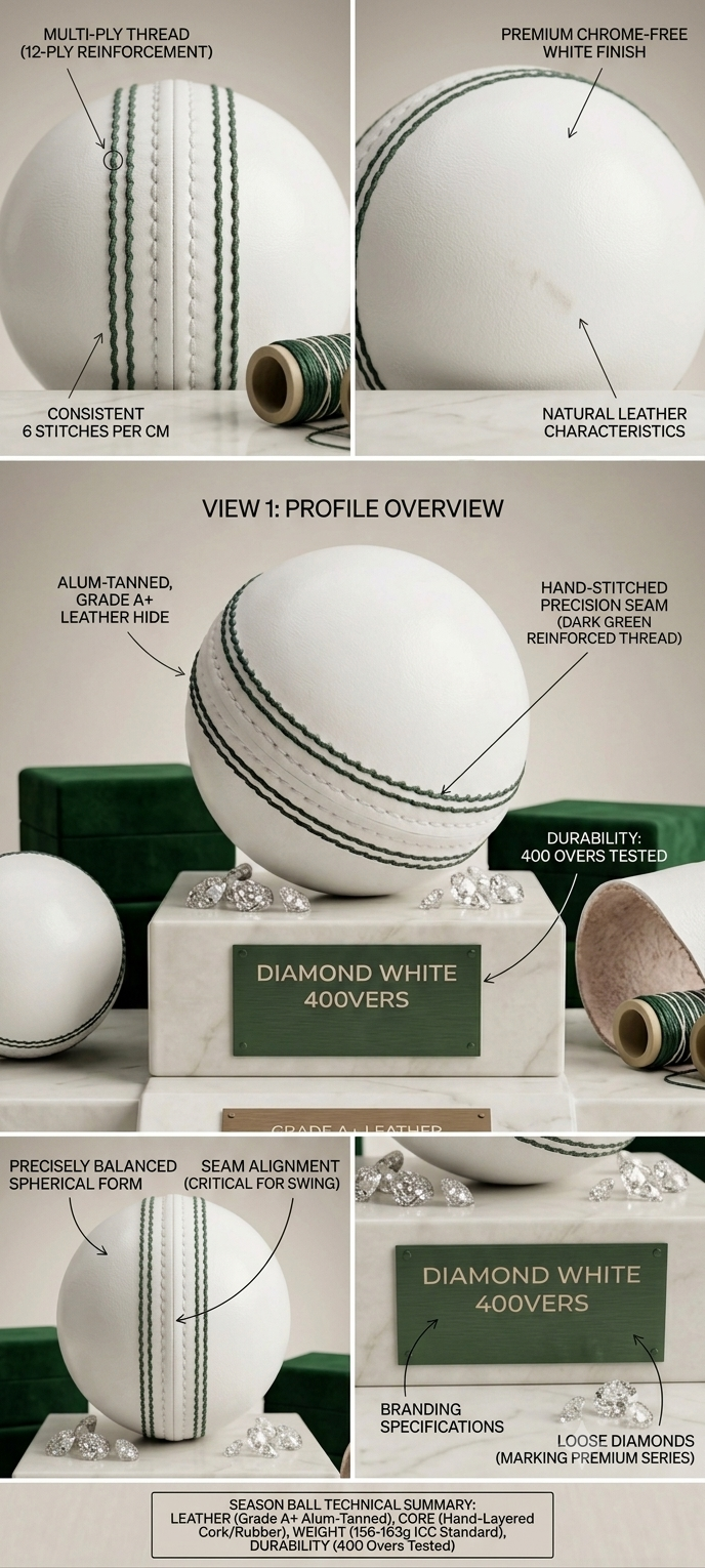 Premium Diamond White Test cricket ball Alum tanned capacity 40 overs, Pack of 12 balls