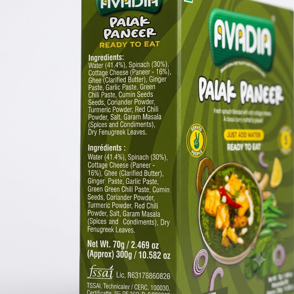 Palak paneer Ready to eat AVADIA 100% Natural ingredients