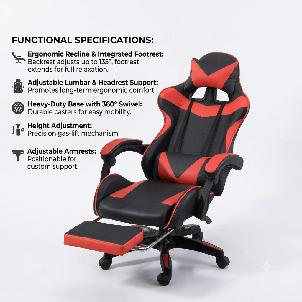 Premium Soft Gaming Chair with Backrest and Footrest
