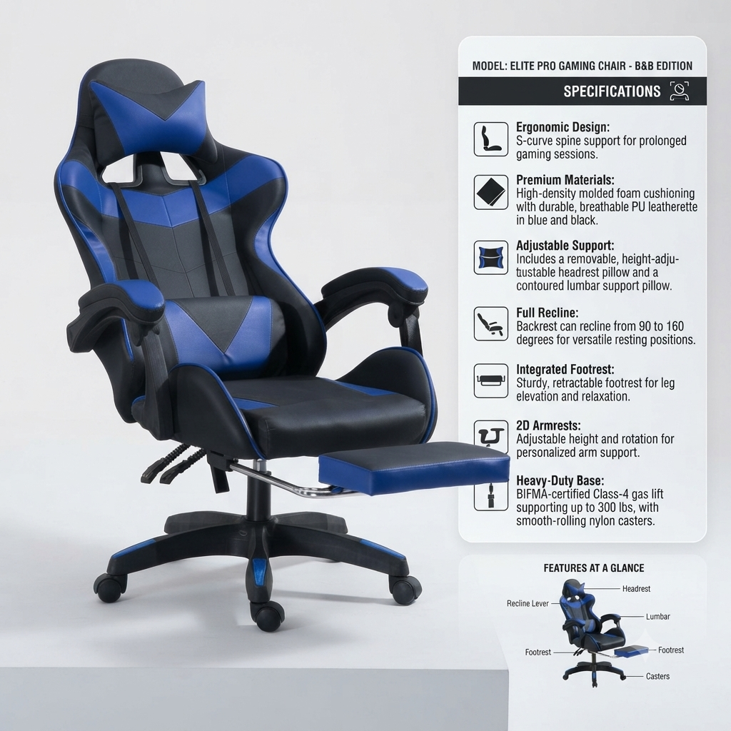 Ergonomic Gaming Chair Navy Blue and Black colour Adjustable pneumatic height with footrest