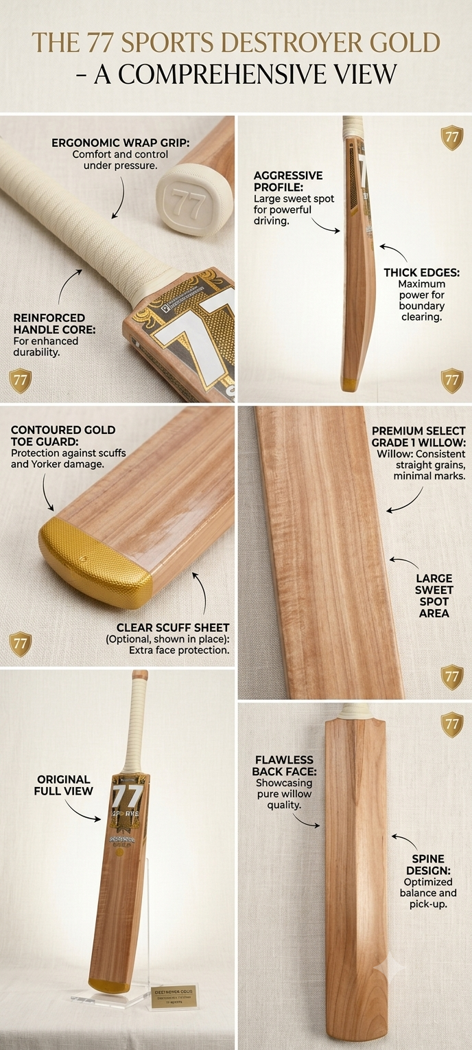77 Destroyer Gold cricket bat with supreme Willow, Special Edition