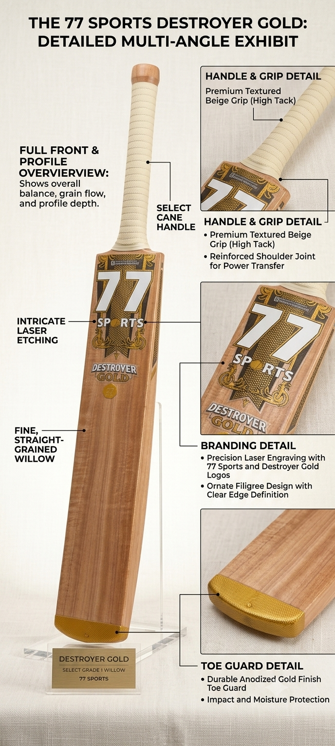 77 Destroyer Gold cricket bat with supreme Willow, Special Edition