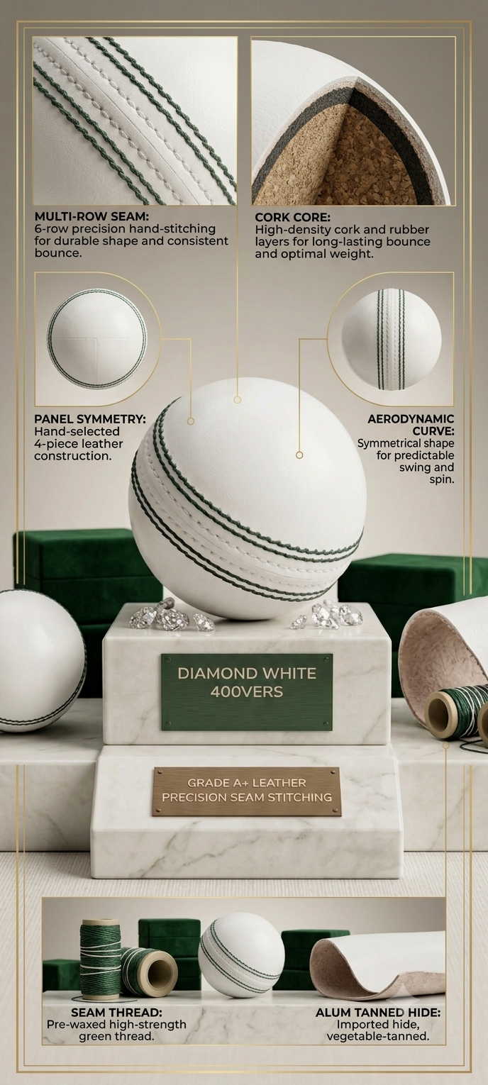 Premium Diamond White Test cricket ball Alum tanned capacity 40 overs, Pack of 12 balls