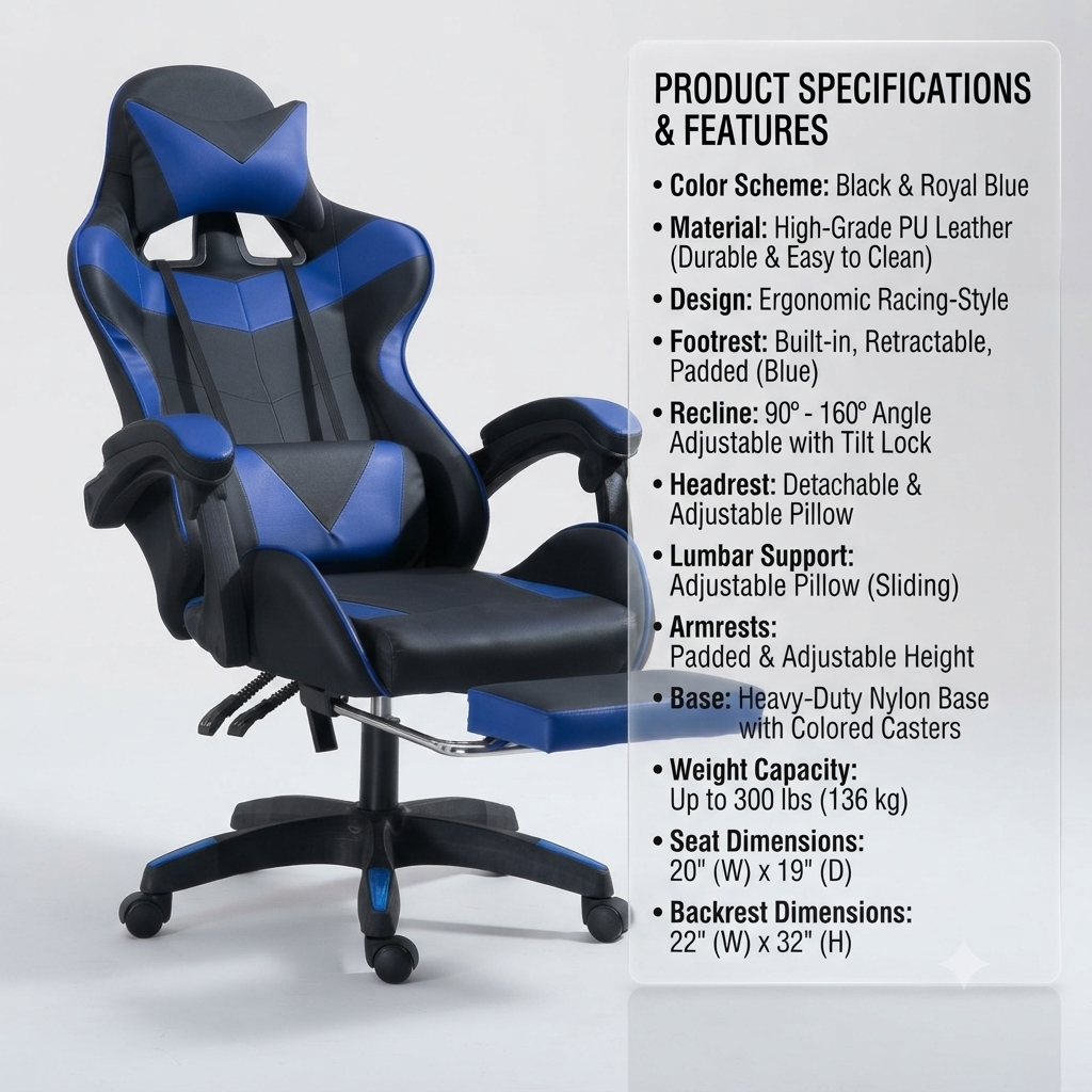 Ergonomic Gaming Chair Navy Blue and Black colour Adjustable pneumatic height with footrest
